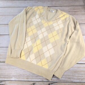 Vintage 60s Pringle of Scotland Cashmere Argyle V-Neck Sweater Yellow Mens L